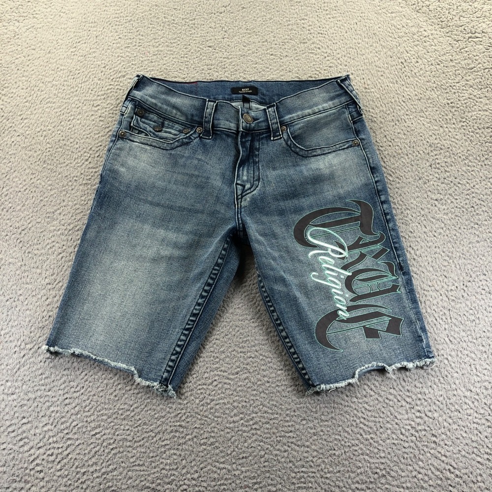 True Religion Shorts Mens 32 Blue Ricky Relaxed Graphic Logo Rah Hem Flap Pocket